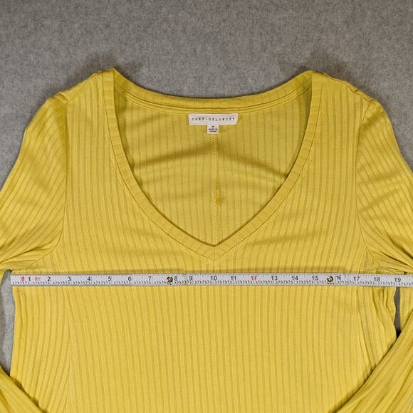 Jane & Delancey Yellow Ribbed V Neck Lettuce Hem Flowy Top Women M Casual - Picture 7 of 14